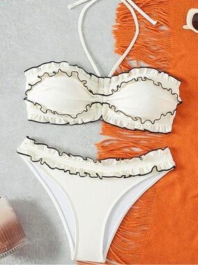 Ruffled Bandeau Bikini Set in Cream with Black Trim